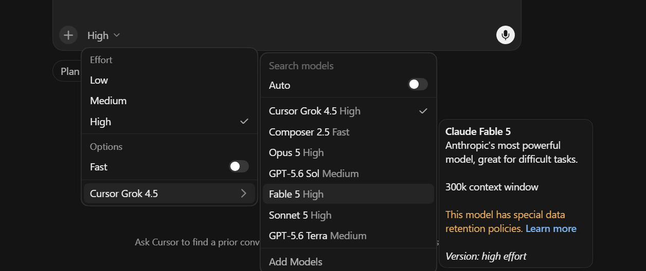 Cursor 对话框里的模型选择列表